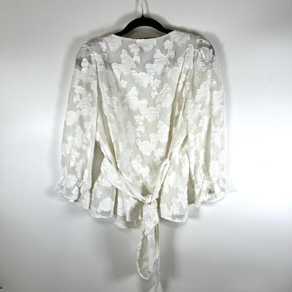 TANYA TAYLOR Top Womens 6 White Sleeveless Wrap Shirt Tie Embroidered Floral - Picture 7 of 9